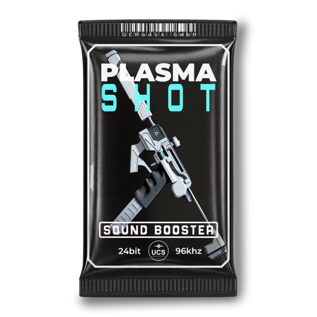 Black rectangular PLASMA SHOT package featuring a futuristic gun graphic, "Sound Booster," 24bit/96khz specs, and UCS logo.