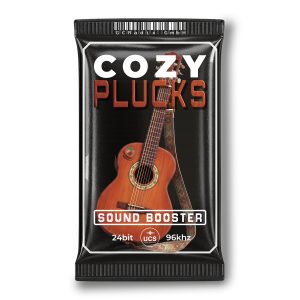 Product packaging for "COZY PLUCKS" with acoustic guitar art and text: "SOUND BOOSTER," "24bit," "UCS," "96khz" on black.