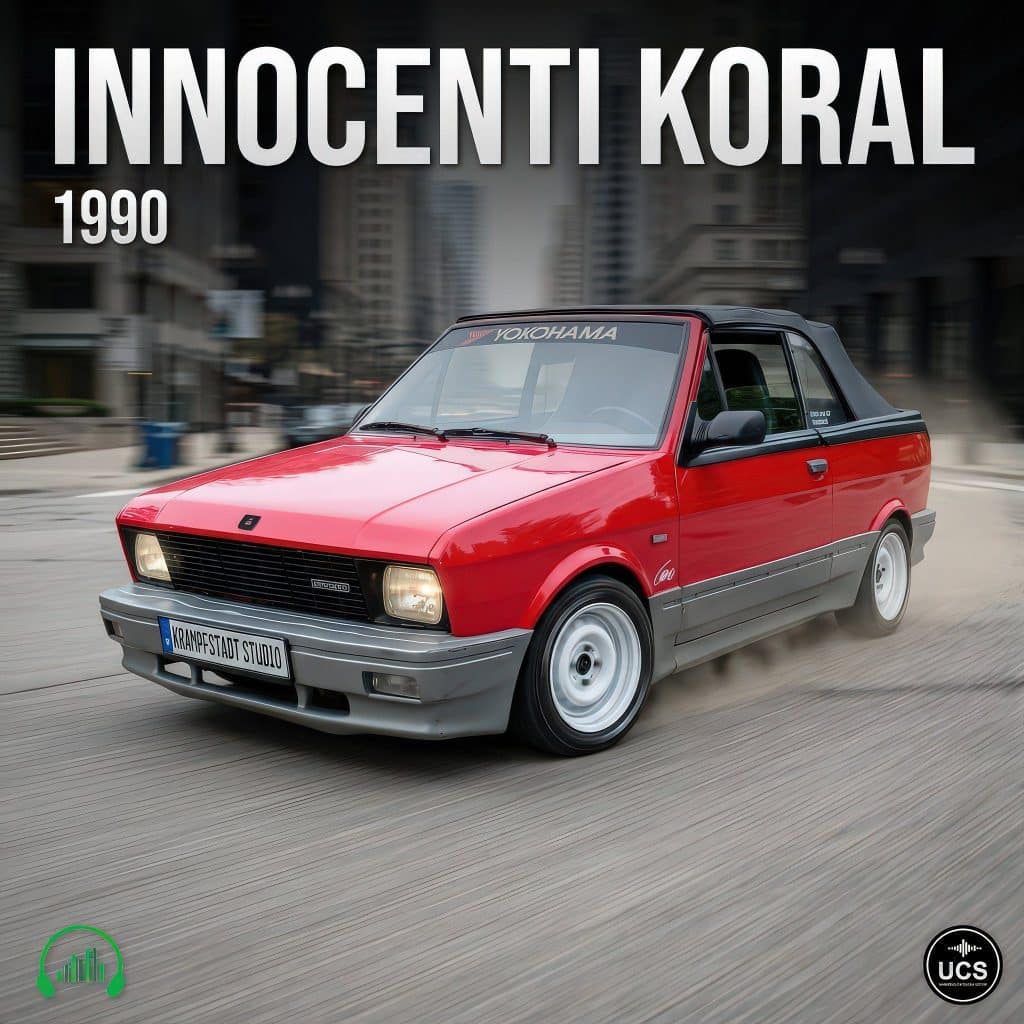 A red and gray 1990 Innocenti Koral convertible with white wheels and black soft top drives in a city. "Yokohama" on windshield.