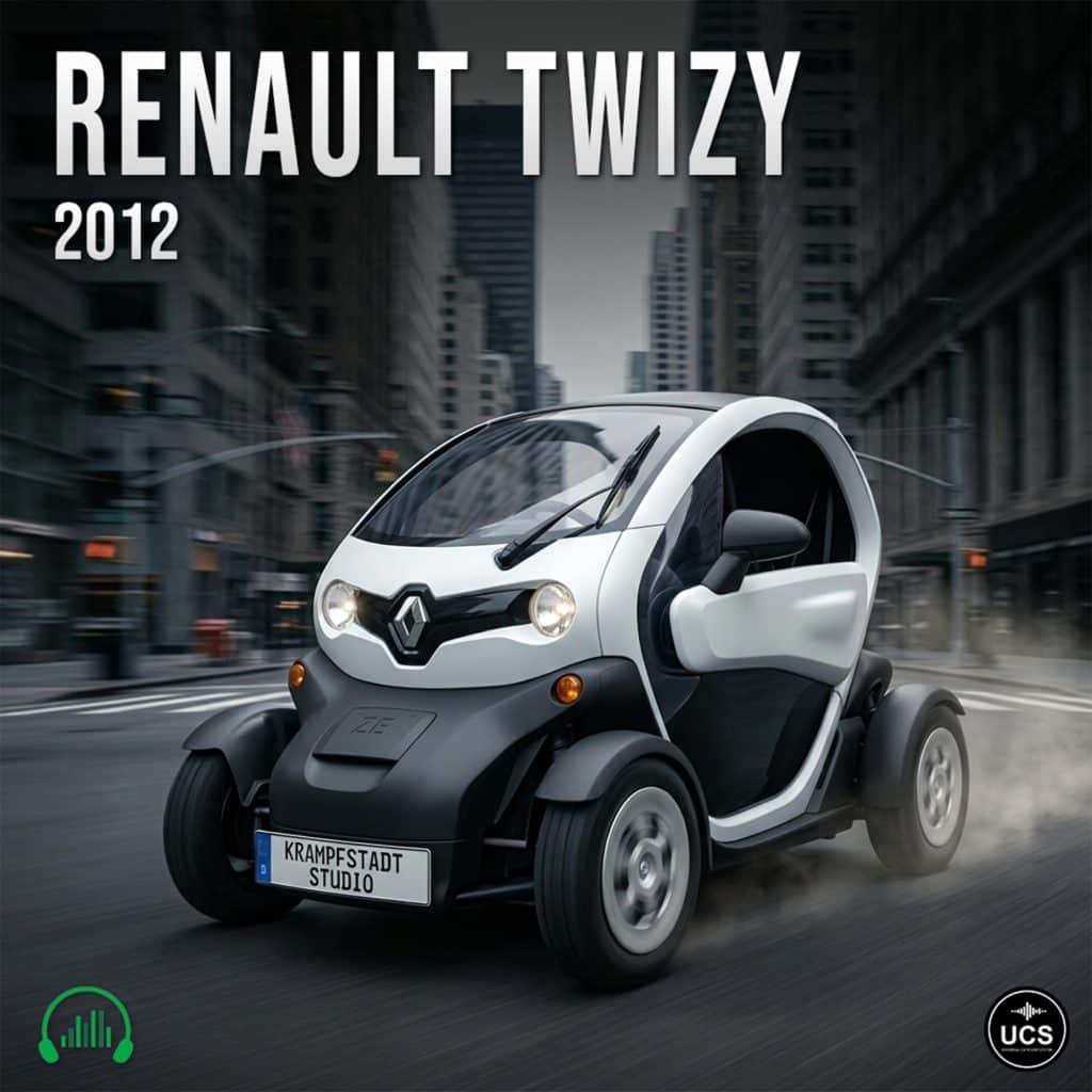 Renault Twizy 2012 electric microcar, white and black with open sides, drives on city street. Tall buildings in blurred background.