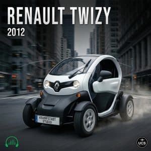 Renault Twizy 2012 electric microcar, white and black with open sides, drives on city street. Tall buildings in blurred background.