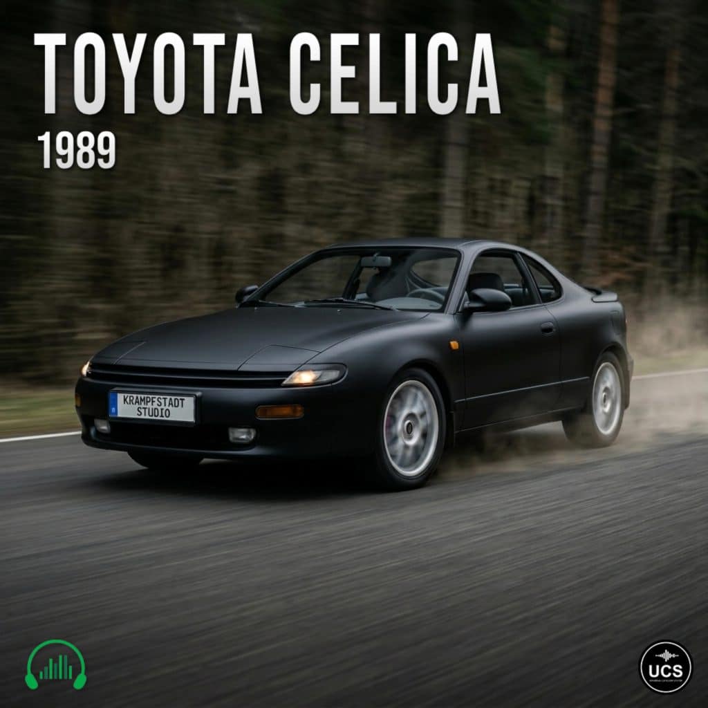 Black 1989 Toyota Celica driving on a road with blurred forest background. "Toyota Celica 1989" text at top, logos in corners.
