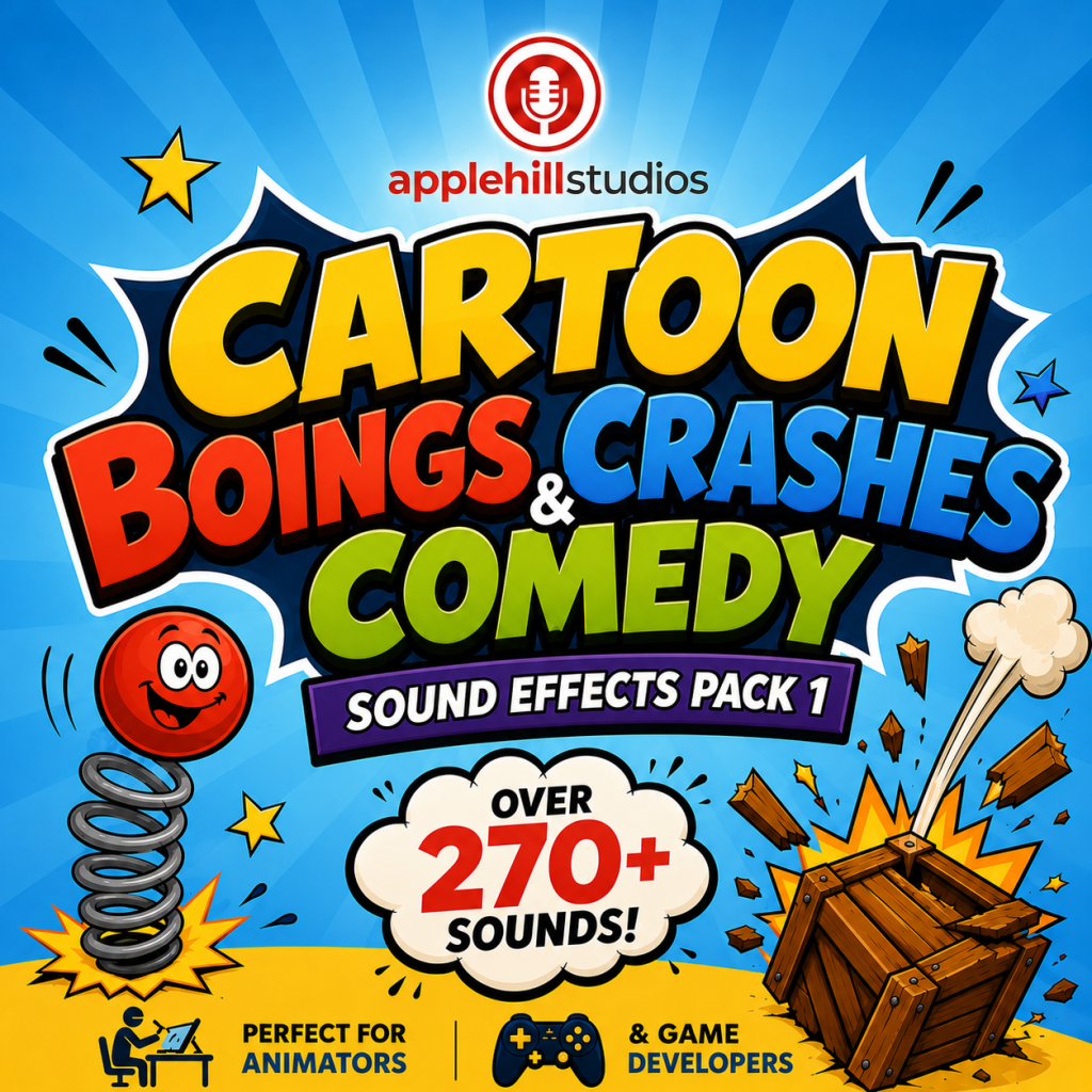 Colorful promo for applehill studios’ “Cartoon Boings, Crashes & Comedy Sound Effects Pack 1” with spring character, crate, and text about 270+ sounds.