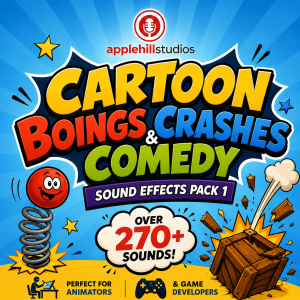 Colorful promo for applehill studios’ “Cartoon Boings, Crashes & Comedy Sound Effects Pack 1” with spring character, crate, and text about 270+ sounds.