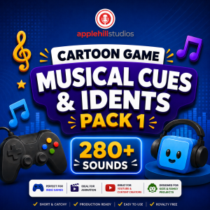 Promotional image for “Cartoon Game Musical Cues & Idents Pack 1” by applehillstudios, with game controller, blue speaker, and icons for 280+ sounds, royalty-free use, and creator suitability.