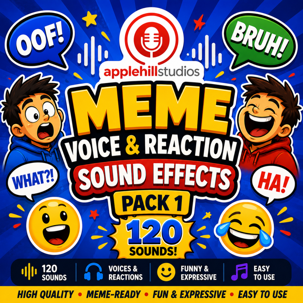 Advertisement for "Meme Voice & Reaction Sound Effects Pack 1" by Applehill Studios with cartoon faces, emojis, and 120 sounds.