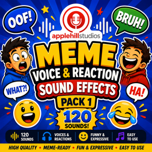 Advertisement for "Meme Voice & Reaction Sound Effects Pack 1" by Applehill Studios with cartoon faces, emojis, and 120 sounds.