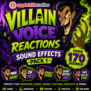 Promotional graphic for "Villain Voice Reactions Sound Effects Pack 1" from applehill studios with a cartoon villain and comic text noting 170+ sounds for animation, games, memes, YouTube, and podcasts.