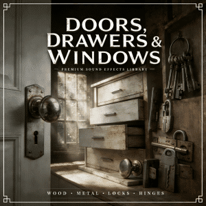 An open door, old drawers, and a window with metal locks and keys. The text reads, "Doors, Drawers & Windows: Sound Effects Library. Wood · Metal · Locks · Hinges.