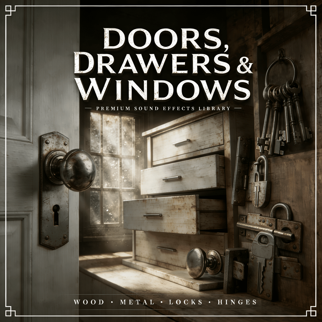 An open door, old drawers, and a window with metal locks and keys. The text reads, "Doors, Drawers & Windows: Sound Effects Library. Wood · Metal · Locks · Hinges.