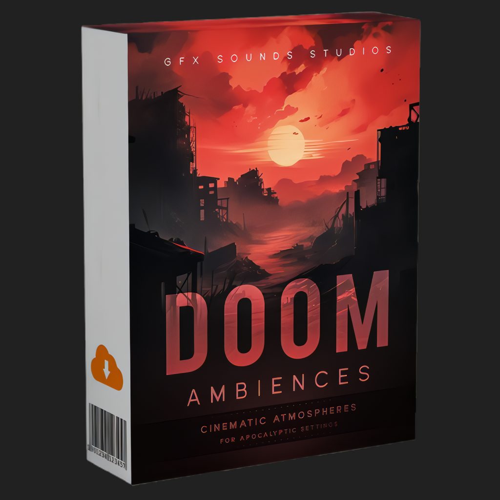 Product box featuring a red apocalyptic cityscape, large sun, and text: "DOOM AMBIENCES," "Cinematic Atmospheres for Apocalyptic Settings," and "GFX Sounds Studios" at the top.