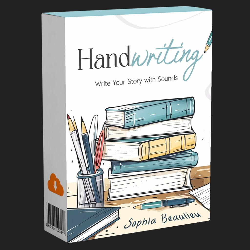 Book titled "Handwriting: Write Your Story with Sounds" by Sophia Beaulieu, cover shows stacked books, paintbrushes, and a pen.