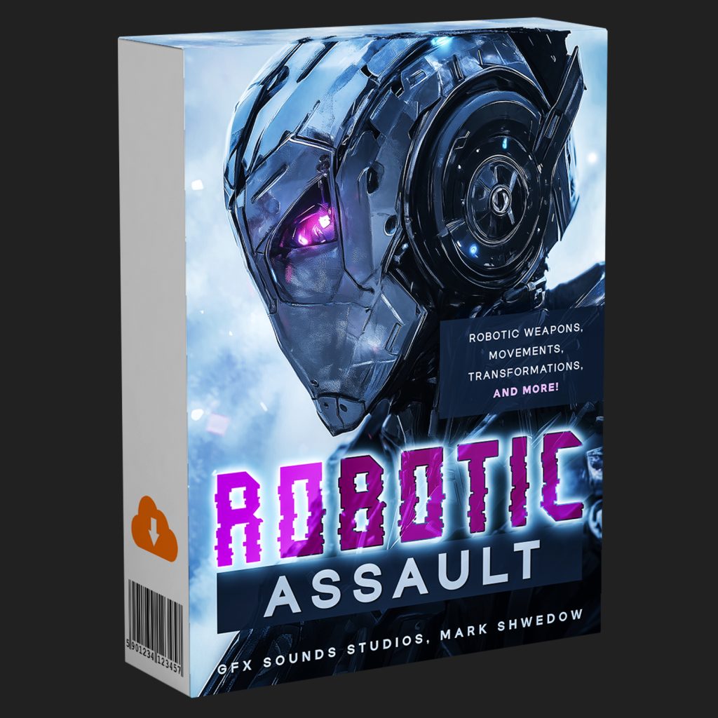 Software box for "Robotic Assault" showing a robot face with purple eyes. Text notes robotic weapons, movements, and transformations. Creator: GFX Sounds Studios, Mark Shwedow.