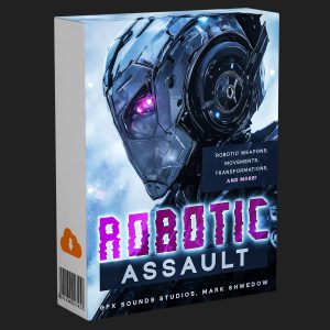 Software box for "Robotic Assault" showing a robot face with purple eyes. Text notes robotic weapons, movements, and transformations. Creator: GFX Sounds Studios, Mark Shwedow.