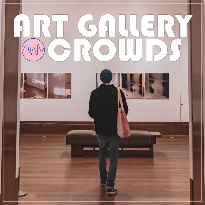 A person with a tote bag stands in an art gallery, viewing abstract photographs. "ART GALLERY CROWDS" appears in large text above.