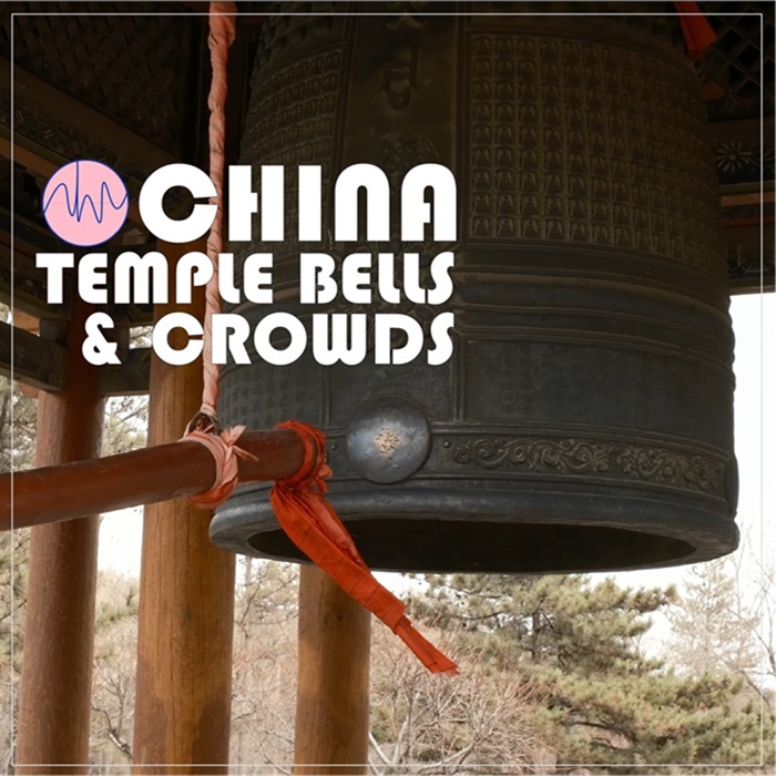 Large bronze temple bell outdoors with a wooden log striker wrapped in red cloth. "China Temple Bells & Crowds" text overlays image.