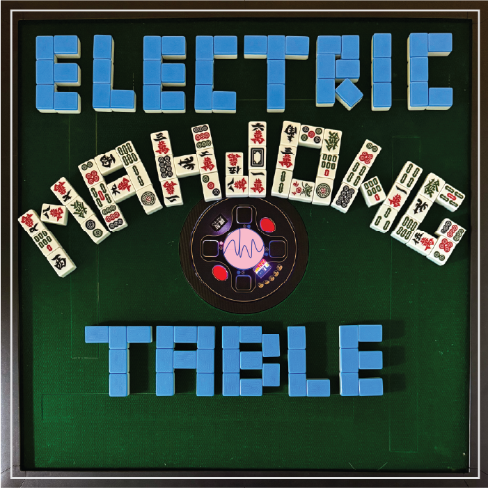 Green mahjong table with blue tiles spelling "ELECTRIC TABLE," assorted mahjong tiles in an arc, and a central area with lights and buttons.