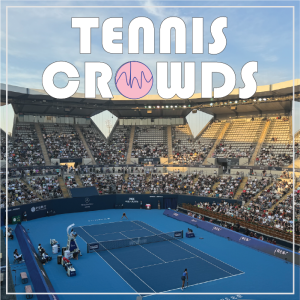 A large crowd in the stands of an outdoor tennis stadium, blue courts, clear sky, "TENNIS CROWDS" text with pink tennis ball in "CROWDS".