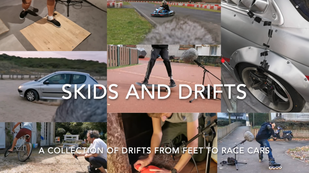 Collage of feet skidding on wood, a go-kart, car with mounted camera, person recording sound, and bicycle. Text: “SKIDS AND DRIFTS: A COLLECTION OF DRIFTS FROM FEET TO RACE CARS.”.