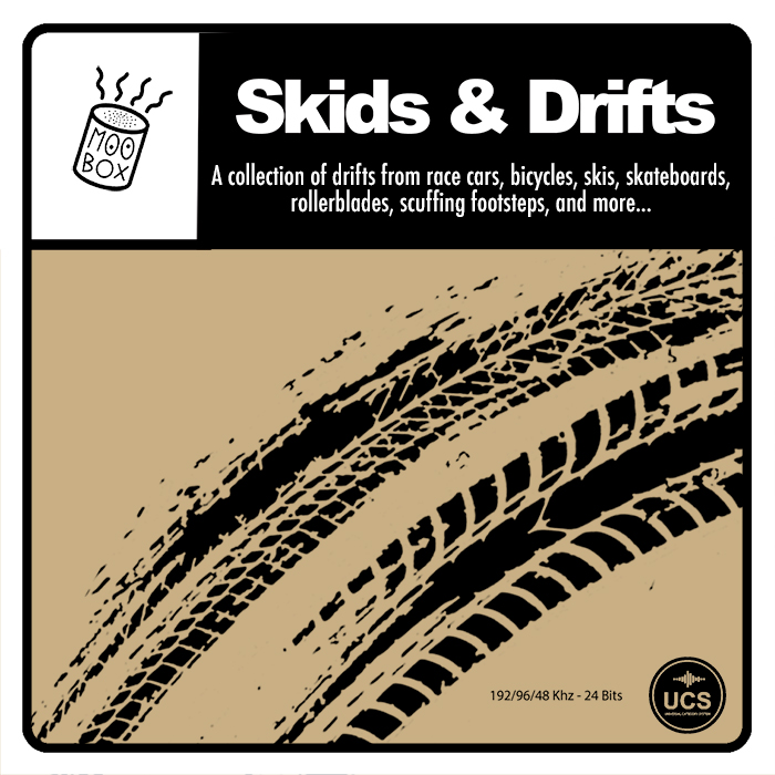 Album cover for "Skids & Drifts" shows curved tire skid marks on a tan background, listing race cars, bikes, skis, and footsteps.