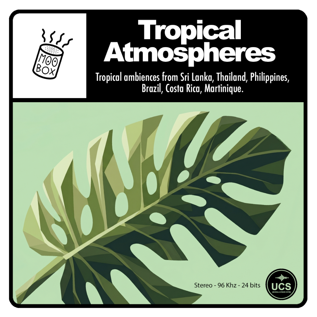 Illustrated monstera leaf on light green background. Album cover reads "Tropical Atmospheres" and lists Sri Lanka, Thailand, Philippines, Brazil, Costa Rica, Martinique.