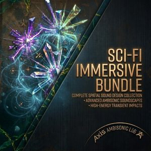 Futuristic crystals on a blue background featuring the text: "Sci-Fi Immersive Bundle. Complete spatial sound design collection. Advanced ambisonic soundscapes. High-energy transient impacts. Axis Ambisonic LGB.