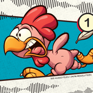Cartoon chicken with a red comb appears scared, running to the right with its mouth open. Comic book style illustration features a blue background and halftone dots. A feather marked with the number 1 is positioned in the top right corner.
