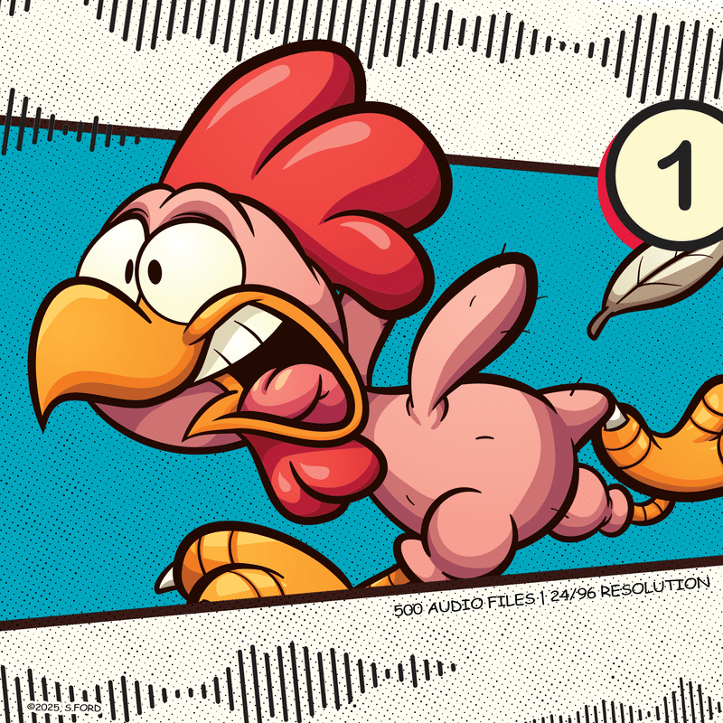 Cartoon chicken with a red comb appears scared, running to the right with its mouth open. Comic book style illustration features a blue background and halftone dots. A feather marked with the number 1 is positioned in the top right corner.