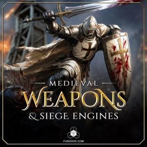 A knight in armor holding a blood-stained shield raises a sword during battle, with a siege tower visible in the background. The text "Medieval Weapons & Siege Engines" is displayed.