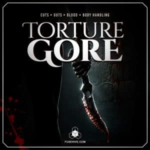 A shadowy figure holds a bloodstained knife. Dark text displays "TORTURE GORE" along with references to cuts, guts, blood, and body handling. Blood spatters are present on the left side of the image.
