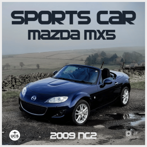A blue Mazda MX5 convertible is parked on a rural road with fields and stone walls visible behind it. The words “Sports Car Mazda MX5 2009 NC2” appear in the image.