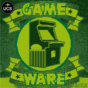 Pixel art arcade machine centered, with "GAME WARE" in blocky green text above and below. UCS logo appears in the top left corner. Artist signature "KOLBYRPX" is in the bottom right.