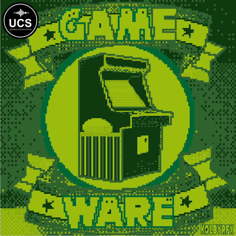 Pixel art arcade machine centered, with "GAME WARE" in blocky green text above and below. UCS logo appears in the top left corner. Artist signature "KOLBYRPX" is in the bottom right.