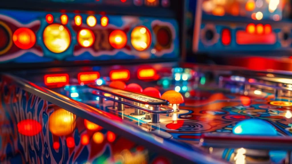 Close-up view of pinball machines with bright lights, metallic flippers, and a colorful playfield featuring illuminated buttons and detailed decorative artwork.