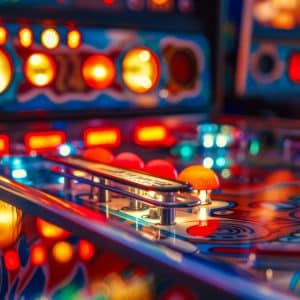 Close-up view of pinball machines with bright lights, metallic flippers, and a colorful playfield featuring illuminated buttons and detailed decorative artwork.