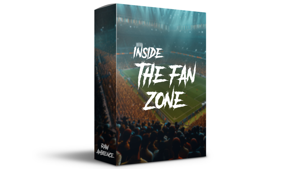 3D-rendered box displaying a crowded stadium with cheering fans and illuminated soccer field; box text reads "Inside The Fan Zone." Logo "Raw Ambience" in bottom left.
