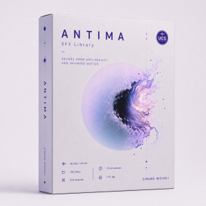 Box for "ANTIMA SFX Library" featuring a purple abstract explosion graphic. The box lists sound specs: 96 kHz/24-bit, 103 files, 314 sounds, and 1.67 GB of content. Designed by Simone Micheli.