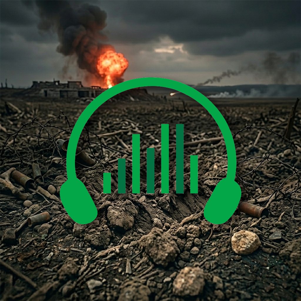 A war-torn landscape features a fiery explosion in the distance, with debris and bullet casings scattered on the ground. In the foreground, a green audio headset with a soundwave icon is overlayed.