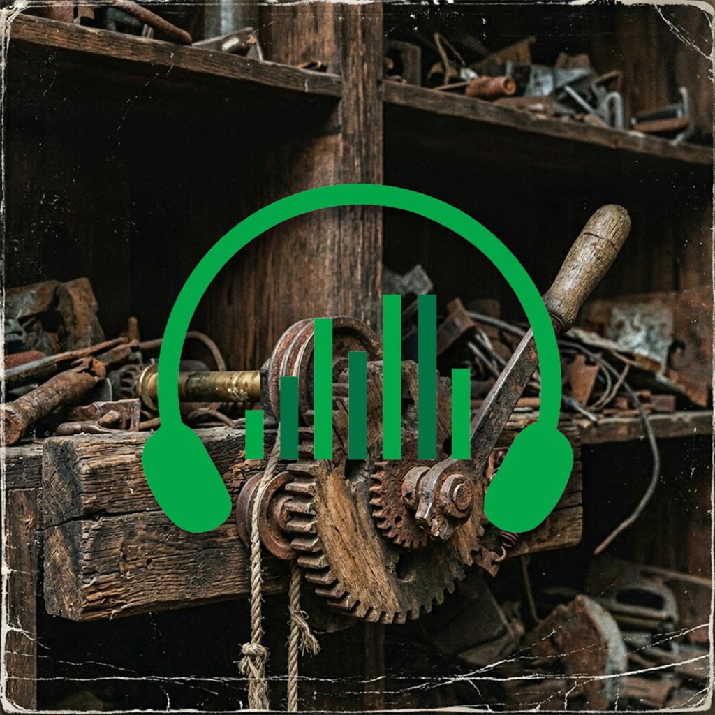 A green headphone and soundwave icon overlays close-up old mechanical gears and woodworking tools on shelves in a rustic workshop.