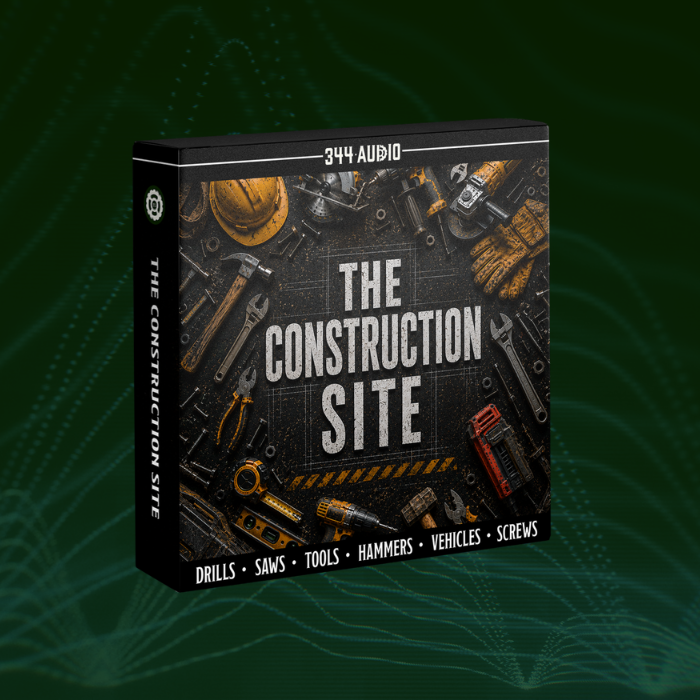 A product box labeled “The Construction Site” featuring illustrations of tools including wrenches, saws, hammers, and helmets. The box displays a list of items: “Drills, Saws, Tools, Hammers, Vehicles, Screws.”.