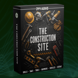 A product box labeled “The Construction Site” is displayed on a dark background, surrounded by construction tools such as a helmet, saw, drill, pliers, and wrenches.