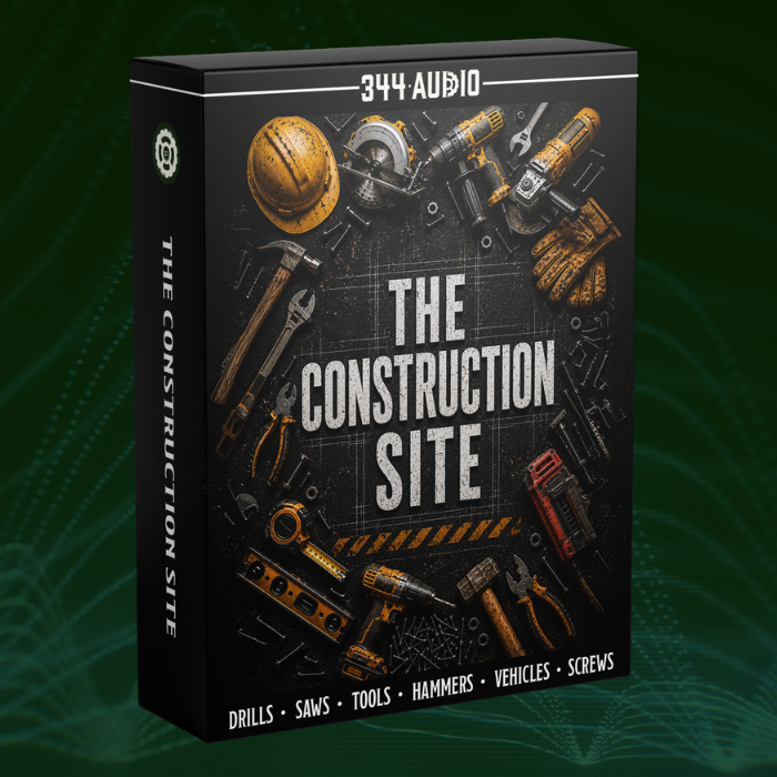 A product box labeled “The Construction Site” is displayed on a dark background, surrounded by construction tools such as a helmet, saw, drill, pliers, and wrenches.