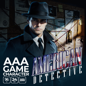 A detective wearing a trench coat and fedora stands before a crime investigation board covered with photos and red string. The text “AAA Game Character: American Detective” appears, with audio file information displayed at the bottom.
