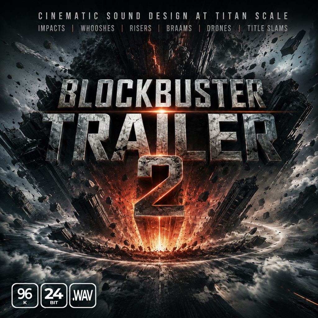 Text reads “BLOCKBUSTER TRAILER 2” over an explosive, fiery background. At the top: “CINEMATIC SOUND DESIGN AT TITAN SCALE.” At the bottom: “96K 24 BIT .WAV.” Listed effects include impacts and drones.