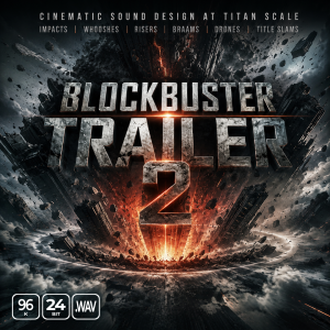 Text reads “BLOCKBUSTER TRAILER 2” over an explosive, fiery background. At the top: “CINEMATIC SOUND DESIGN AT TITAN SCALE.” At the bottom: “96K 24 BIT .WAV.” Listed effects include impacts and drones.