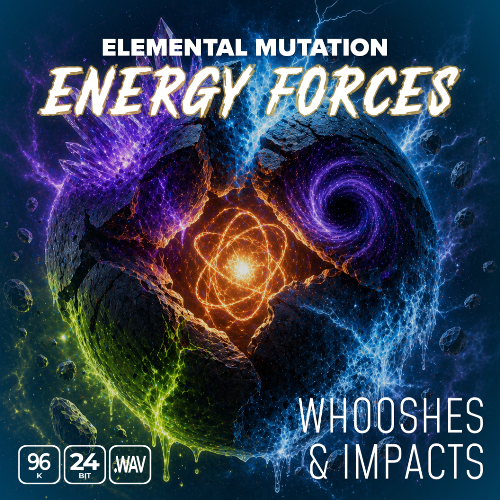 A cracked sphere emits glowing energies of fire, lightning, water, and a purple vortex against a cosmic background. The title “Elemental Mutation Energy Forces Whooshes & Impacts” appears above audio format icons.