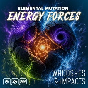 A cracked sphere emits glowing energies of fire, lightning, water, and a purple vortex against a cosmic background. The title “Elemental Mutation Energy Forces Whooshes & Impacts” appears above audio format icons.