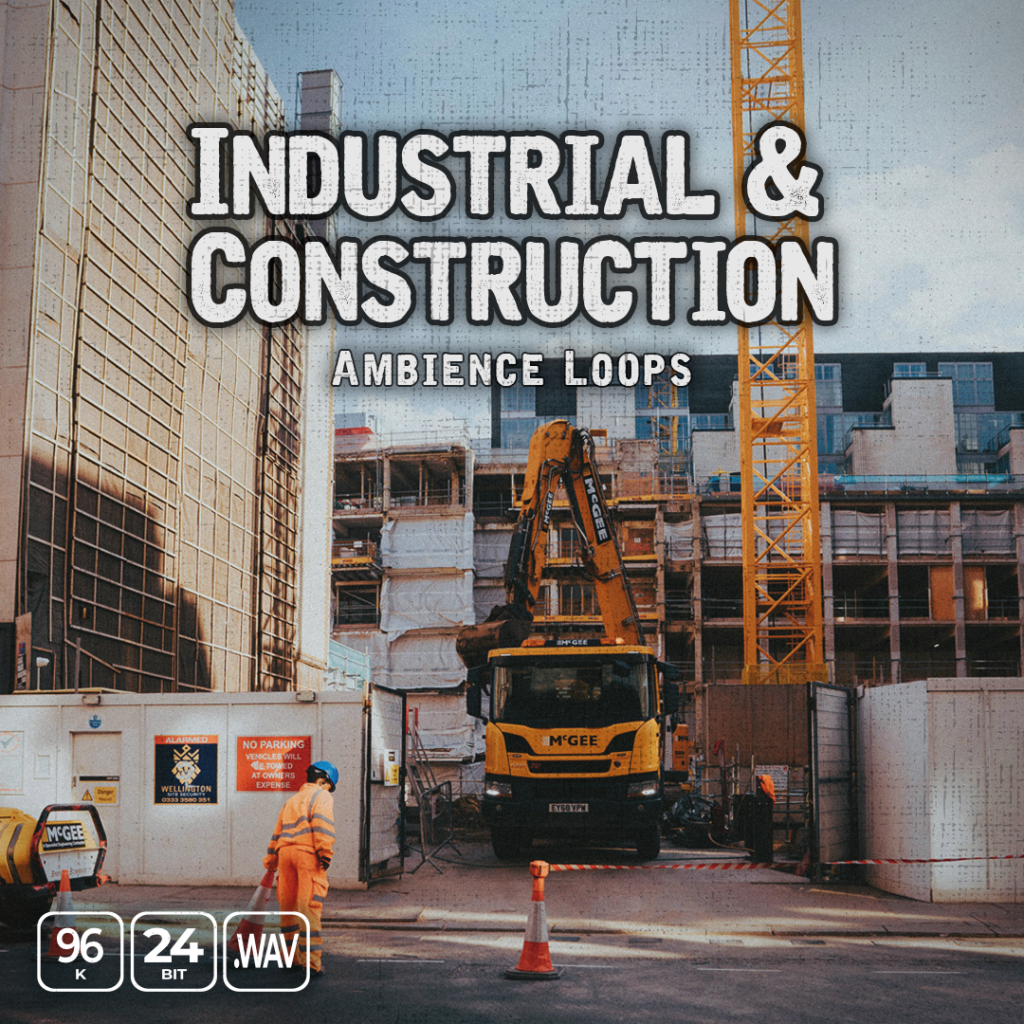 A construction site featuring cranes, a yellow excavator, and workers wearing orange gear. The text “Industrial & Construction Ambience Loops” is displayed. Format icons are located at the bottom left.