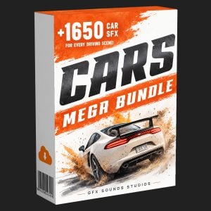 A software box displays a white sports car with a spoiler, drifting and kicking up dust. The cover includes the text: “CARS MEGA BUNDLE,” “+1650 CAR SFX,” and “GFX Sounds Studios.”.
