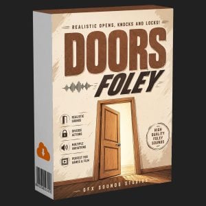 3D box featuring the text “DOORS FOLEY,” an illustration of an open door, and icons representing realistic sounds, diverse actions, multiple variations, and suitability for game or film use. Tagline reads: “Realistic Opens, Knocks and Locks!”.